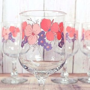 Vintage Goblets Set (6) Pink Flower Floral Glasses Stemware Wine Cocktail Party